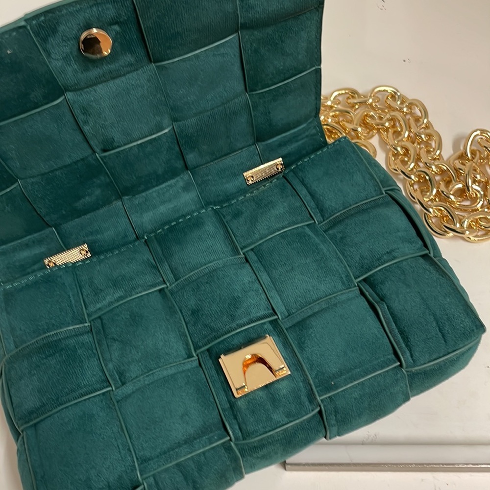 Padded cassette bag velvet green emerald gold chain - Picture 2 of 5